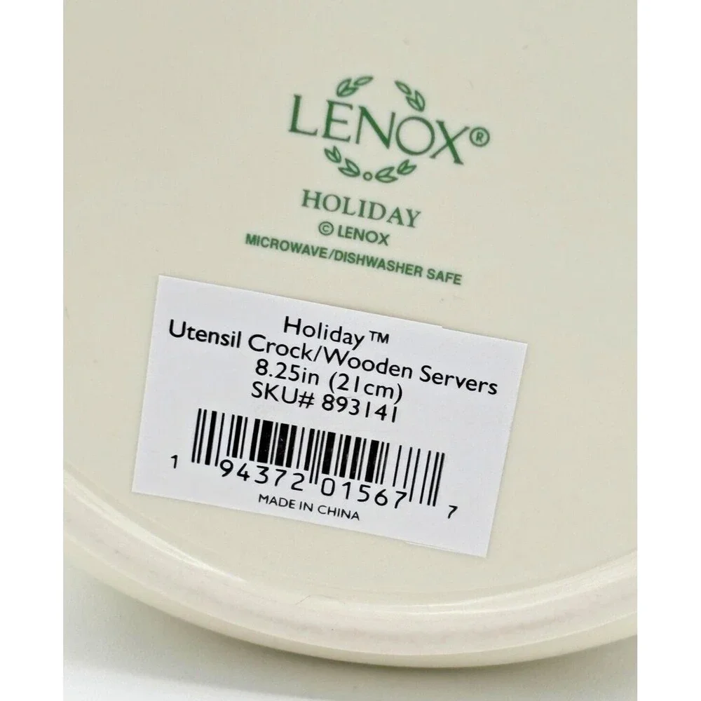 Lenox XMAS Holiday Utensil Crock w/3 Wooden Server Spoons Made for Macys NOS NIB